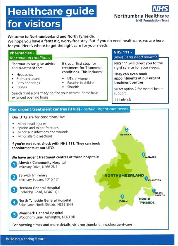 Healthcare guide leaflet for Northumbria NHS, listing pharmacy and urgent care information with location map.