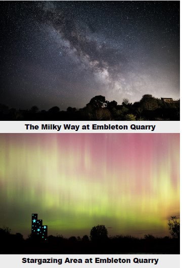 Night sky at Embleton Quarry: stars and Milky Way above, northern lights and stargazing area below.