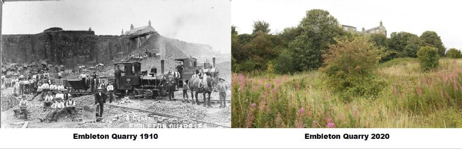 Side-by-side photos of Embleton Quarry in 1910 with workers and in 2020 as an overgrown, grassy area.