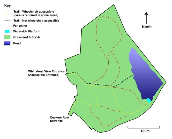 Map of a park showing footpaths, entrances, a pond, grassland, and accessibility information.